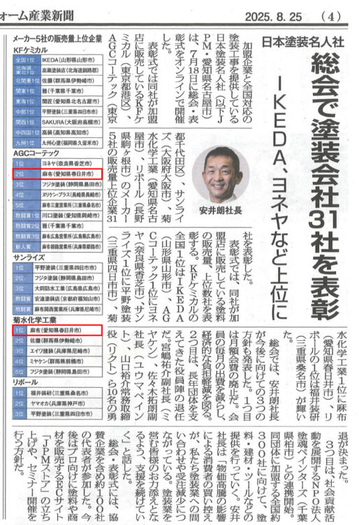 日本塗装名人社　総会で塗装会社31社を表彰