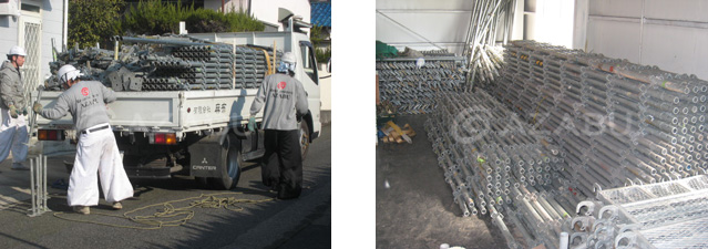 仮設足場部材と足場職人の作業風景