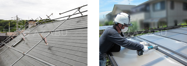 一般戸建住宅の屋根足場風景とカーポートポリカ屋根の取外し風景