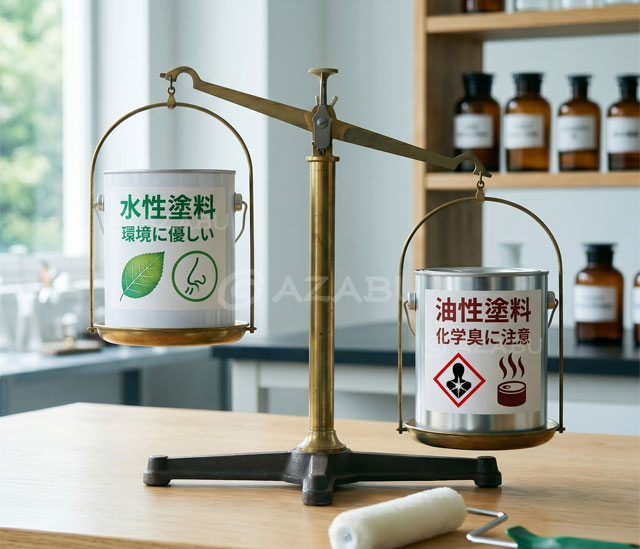 水性塗料と油性塗料のニオイや環境負荷の少なさを比較した、わかりやすい天秤の画像