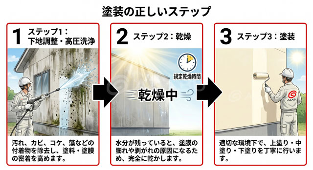 塗装工事における「洗う（下地処理）、乾かす、塗る」の正しいステップを示したフローチャート図