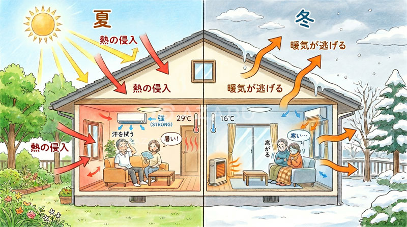 エアコンが効かなくて困る!夏の暑さ冬の寒さに苦しむお住まいの悩みを表すイラスト